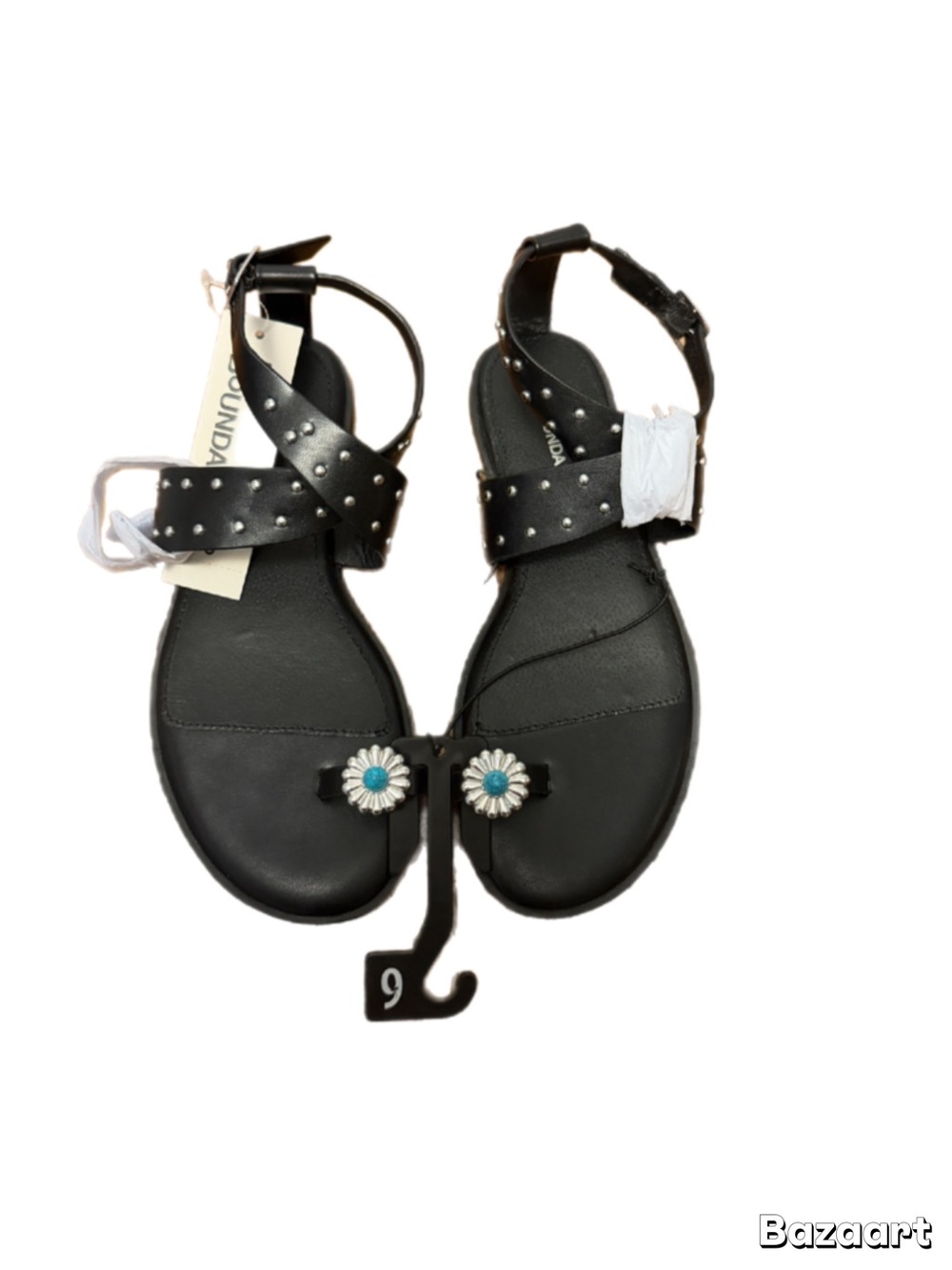 No Boundaries Black Studded Ankle-Strap Sandals with Daisy Accent